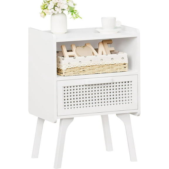 Rattan Nightstand, Side Table with Drawer Open Shelf, Cane Accent Bedside End Table with Solid Wood Legs, Mid Century Modern Night Stand for Bedroom, Dorm and Small Spaces (White)