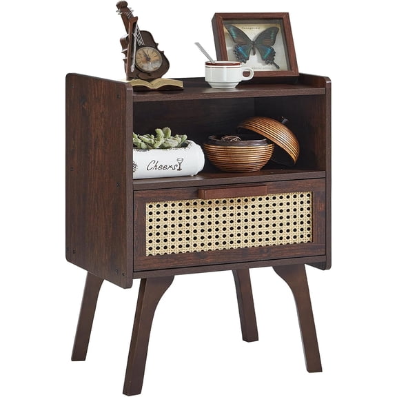 Rattan Nightstand, Side Table with Drawer Open Shelf, Cane Accent Bedside End Table with Solid Wood Legs, Mid Century Modern Night Stand for Bedroom, Dorm and Small Spaces