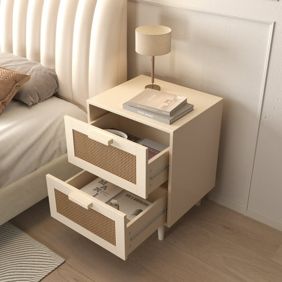 Rattan Nightstand, Side Table with 2 Faux Rattan-Decorated Drawers, Bedside Table, Accent Table with Storage for Livingroom,Easy to Install