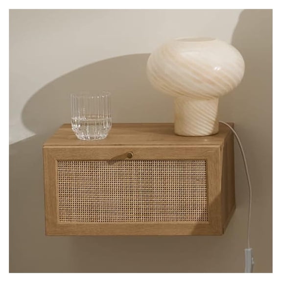 Rattan Nightstand Wall Mounted, Floating Bedside Table - Natural Farmhouse Boho Nightstands with Drawer, Bedroom Living Room Storage, 15.4" W x 12.2" D