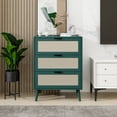 thumbnail image 1 of Rattan Nightstand, Wood Bedside Table with 3 Drawers, Ventilated Storage Cabinet with Solid Wood Legs, Rattan Dresser for Bedroom, Living Room, Anti-Tipping & Moisture-Proof, Dark Green + Natural Tone, 1 of 9