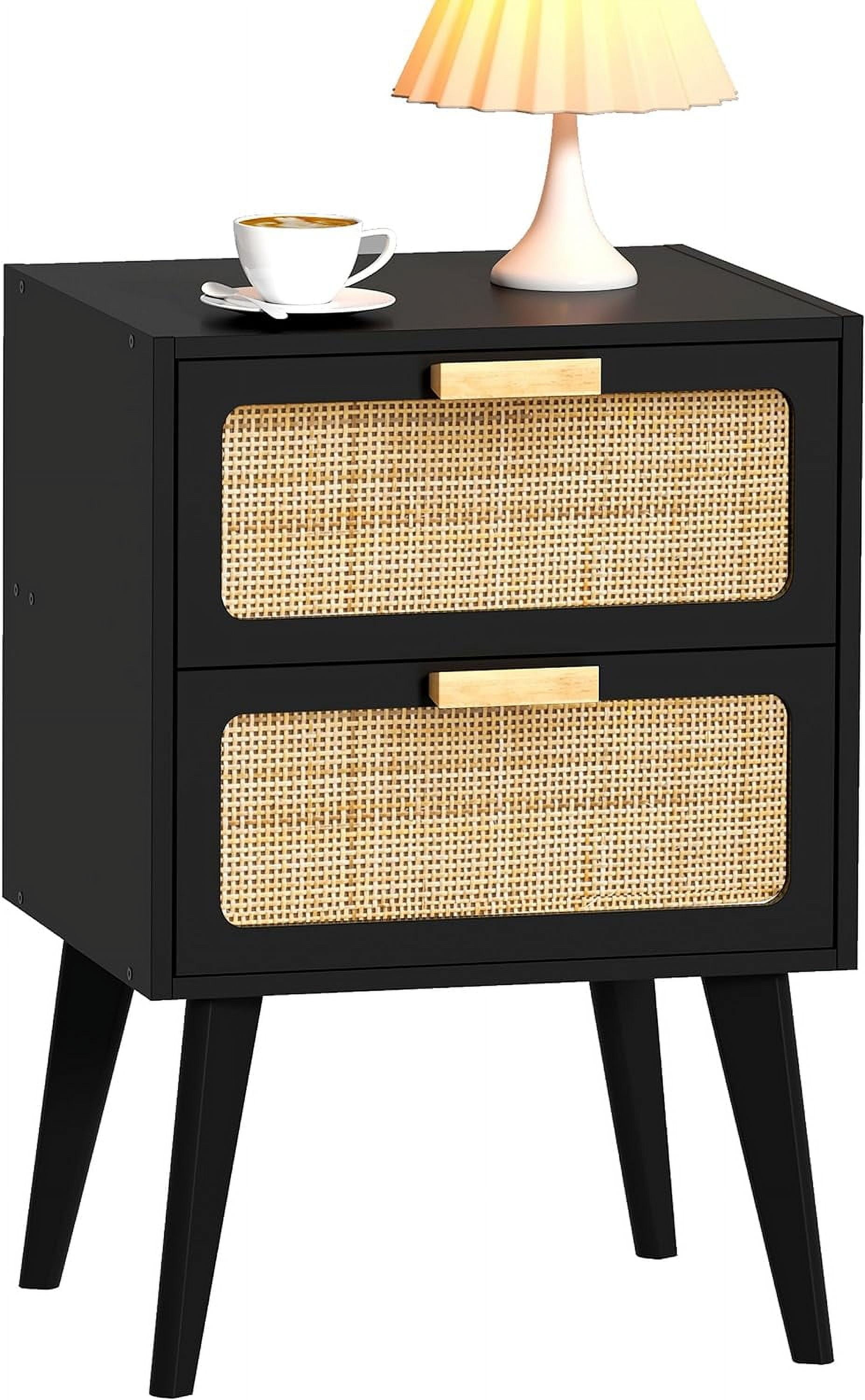Rattan Nightstand, Wood End Table with 2 Faux Rattan-Decorated Drawers, Bedside Table, Wood Accent Table with Storage for Living Room, Bedroom – Burly Wood