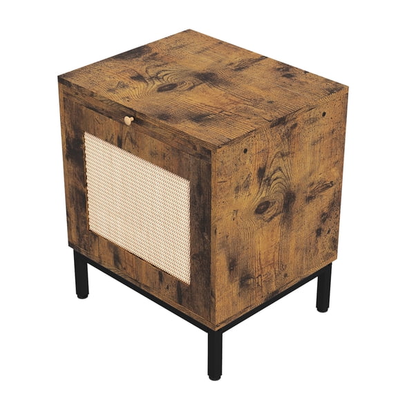 Rattan Nightstand, Wooden Bedside Table with Rattan Door, Pull-Out Tray, Accent End Table with Storage and Metal Legs, Night Stand for Bedroom, Living Room
