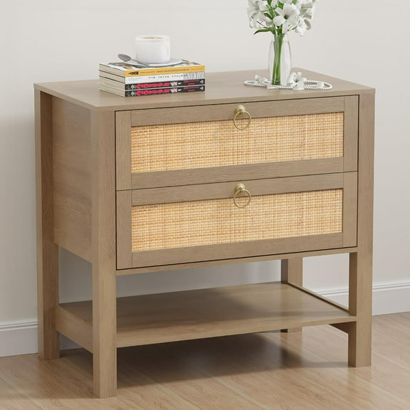 Rattan Nightstand with 2 Drawers and Storage Shelf, 26” Tall Wide Night Stand, Wood Large Bedside Table with Golden Handle for Bedroom, Side Table