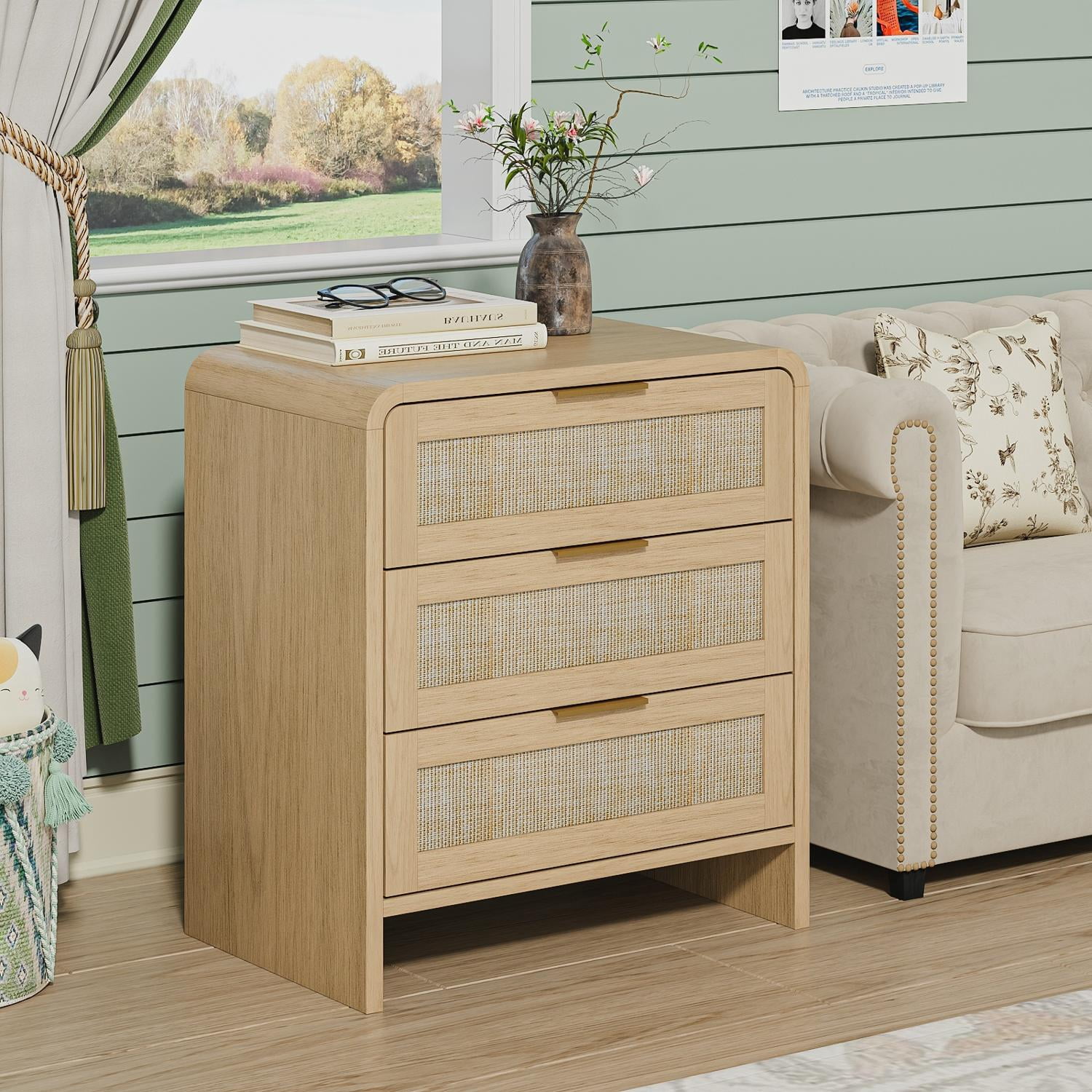 Rattan Nightstand with 3 Drawers, 22.8 Inch Curved Wooden Bedside Table with Gold Handles, Modern Storage for Bedroom, Stylish, Natural Oak