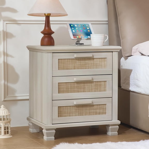 Rattan Nightstand with 3 Drawers, Boho 3 Drawer Dresser, Wide Bedside Table, Rustic Wood End Side Tables for Bedroom, Light Grey