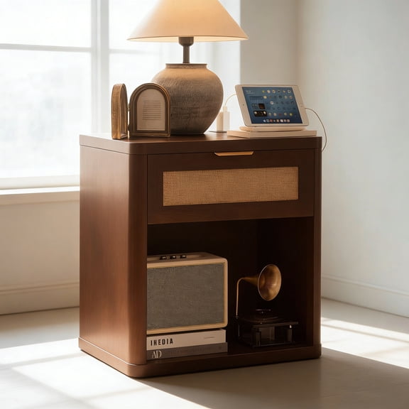 Rattan Nightstand with Charging Station, 23" Wide Boho Night Stand with Drawer, Walnut Bed Side End Tables Dresser for Bedroom, Living Room, Hallway