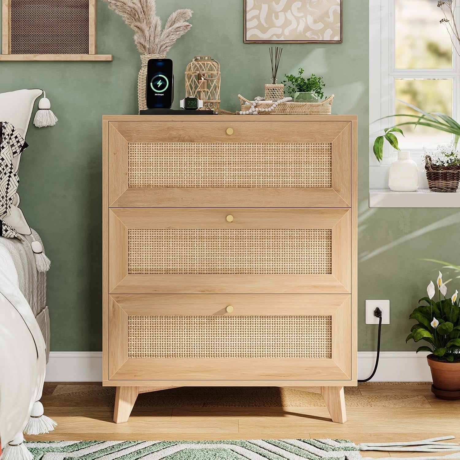 Rattan Nightstand with Charging Station & 3 Drawers, Boho Bedside Table for Bedroom