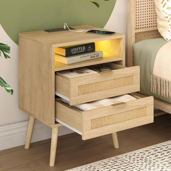 Rattan Nightstand with Charging Station USB Port Led Lights and 2 Storage Drawers, Bedroom Furniture Night Stand Bedside Table End Table (1 Pack)