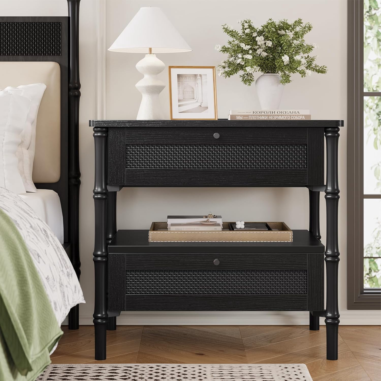 Rattan Nightstand with Charging Station,Wide Night Stand with Turned — free download