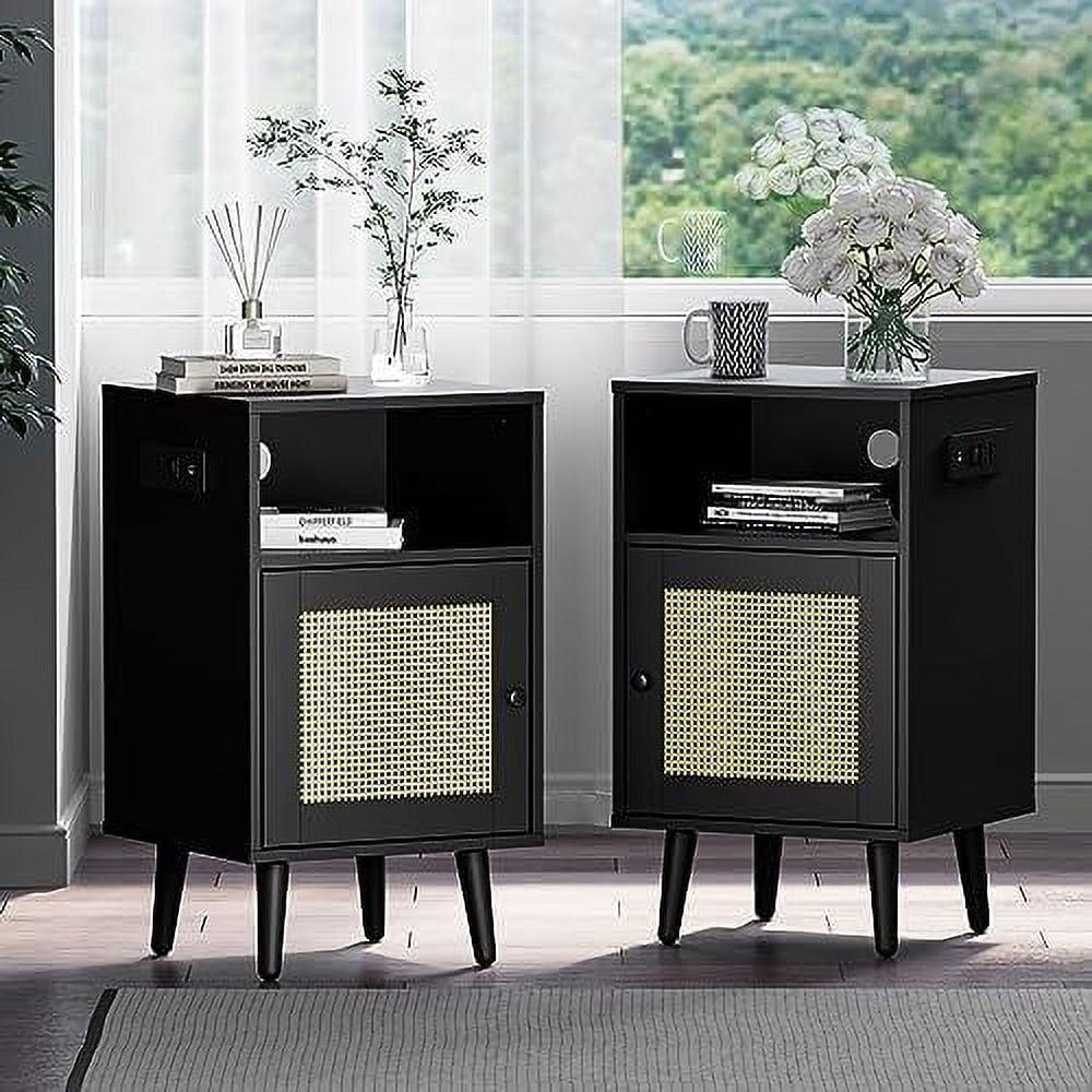 Rattan Nightstand with Charging Station with Cabinet Mid Century Nightstand for Bedroom Black Walmart