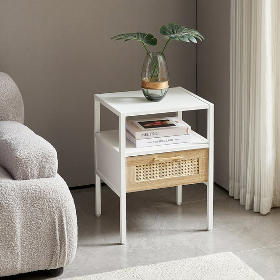 Rattan Nightstand with Drawer and Open Shelf, Modern Metal Leg Side Table for Bedroom Living Room Office, White