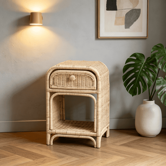 Rattan Nightstand with Drawer and Shelf, Boho Bedside Table, Natural Woven Accent Table for Bedroom
