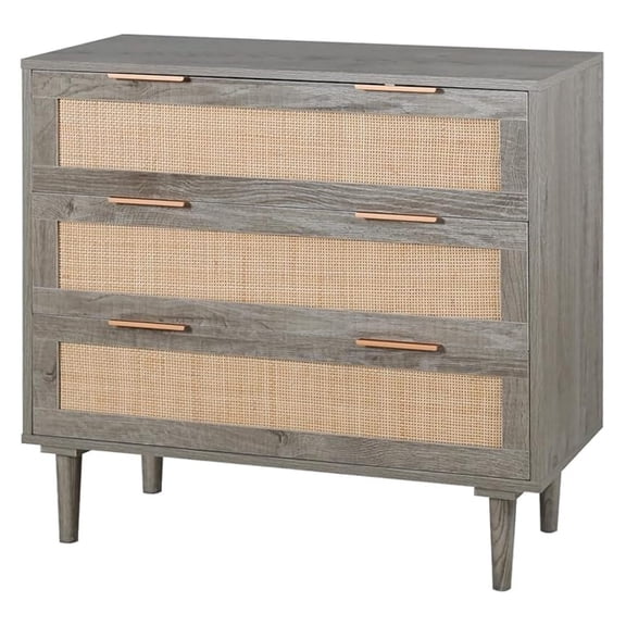 Rattan Nightstand with Drawers, Modern 3 Drawer Bedside Table, Wooden End Table for Bedroom, Grey - Queen/King Size