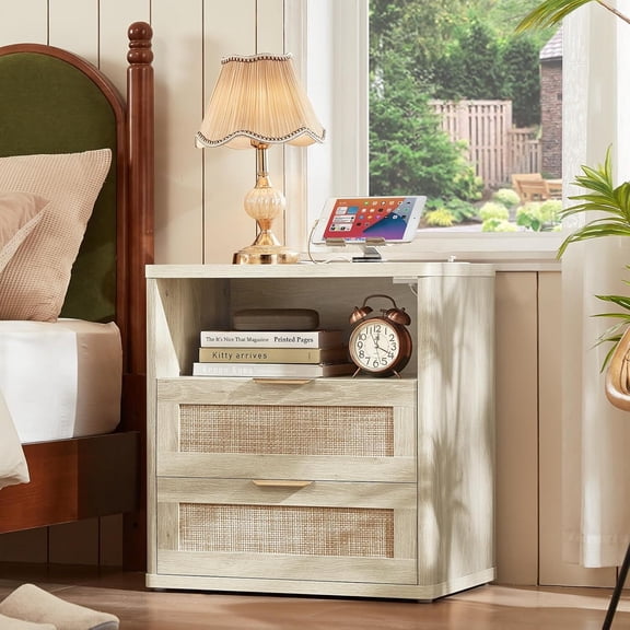 Rattan Nightstands with Charger Station, Boho Nightstand with 2 Drawers, White Bedside Table Open Shelf, Bed Side End Table Dresser for Bedroom, Living Room