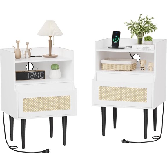 Rattan Nightstands Set of 2, Black Side Table with Drawer and Storage Shelves, Small Bedside Table with Charging Station, Wood End Table for Bedroom, Living Room, Sofa, White
