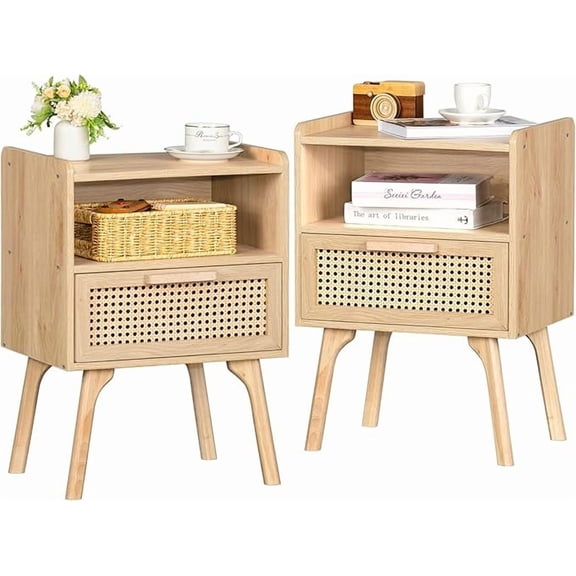 Rattan Nightstands Set of 2, Boho Side Table with Drawer Open Shelf, Cane Accent Bedside End Table with Solid Wood Legs for Bedroom, Dorm and Small Spaces (Natural)
