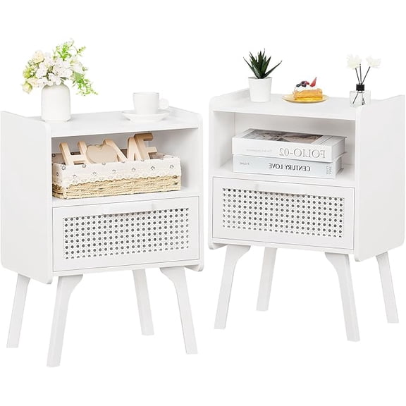 Rattan Nightstands Set of 2, Side Table with Drawer Open Shelf, Cane Accent Bedside End Table with Solid Wood Legs, Mid Century Modern Night Stand for Bedroom, Dorm and Small Spaces (White)