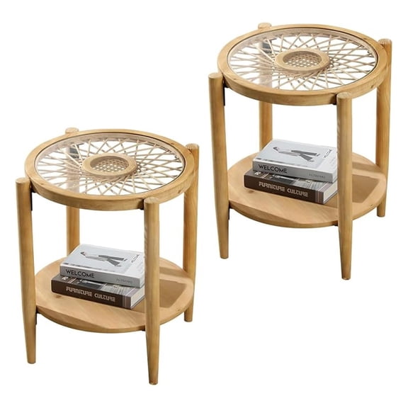 Rattan Nightstands Set of 2,Boho Wood Round Side Tables, 2-Tier Natural End Table with Glass Top and Wood Legs, Sofa Side Table Bedside Table for Living Room Bedroom Couch(Natural)