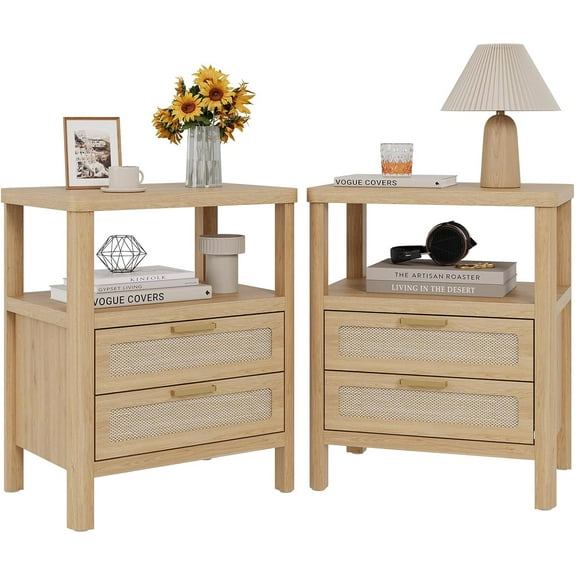 Rattan Nightstands Set of 2, Large Nightstands with Drawers and Storage Shelf, Farmhouse Bedside Table, Wood Bed Side Tables End Table for Bedroom Living Room, Natural