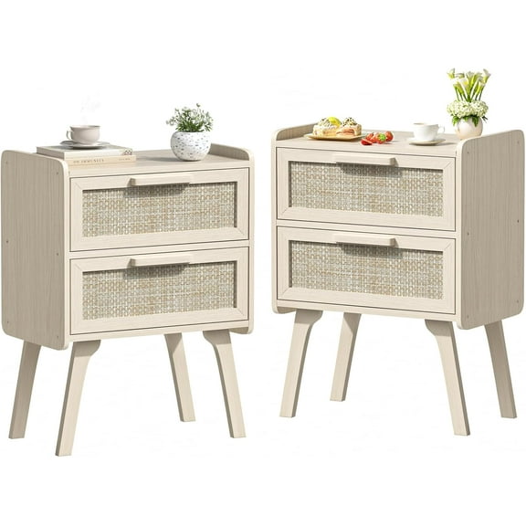 Rattan Nightstands Set of 2, Night Stand with 2 Drawers, Cane Accent Side End Table, Bedside Table with Solid Wood Legs for Bedroom, Dorm and Small Spaces (Grey Oak)