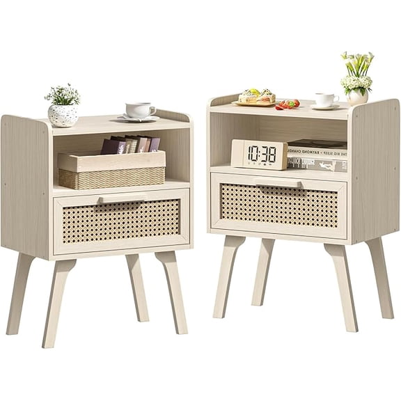 Rattan Nightstands Set of 2, Side Table with Drawer Open Shelf, Cane Accent Bedside End Table, Mid Century Modern Night Stand for Bedroom, Dorm and Small Spaces (Grey White)