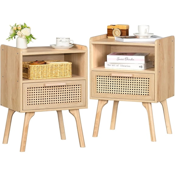 Rattan Nightstands Set of 2, Side Table with Drawer Open Shelf, Cane Accent Bedside End Table, Mid Century Modern Night Stand for Bedroom, Dorm and Small Spaces