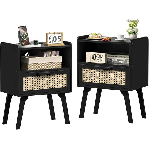Rattan Nightstands Set of 2, Side Table with Drawer Open Shelf, Cane Accent Bedside End Table, Mid Century Modern Night Stand for Bedroom, Dorm and Small Spaces