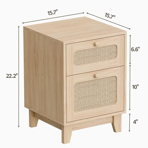 Rattan Nightstands Set of 2, Boho Night Stands with Drawer, Rattan Decor for Bedroom, Dorm and Small Spaces, Natural (no Charging Station, 2)