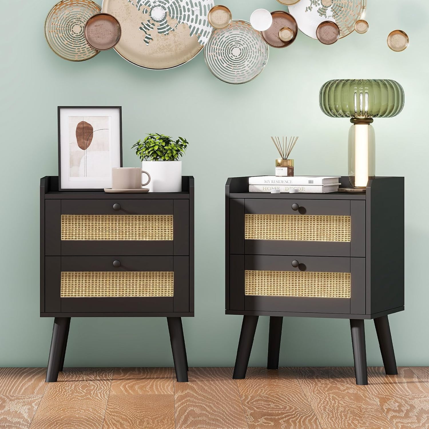 Rattan Nightstands Set of 2 Night Stand Boho Wood Bedside Table with 2 ...