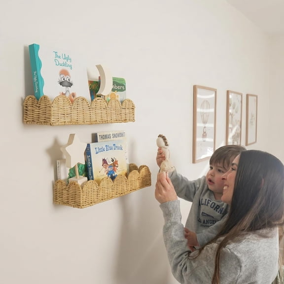 Rattan Nursery Book Shelves, Scalloped Bookshelf, Wicker Wall Decor, Baby Book Shelf, Floating Woven Bookshelves, Boho Decor for Baby and Kids Playroom, Natural Rustic Farmhouse Basket Set of 2