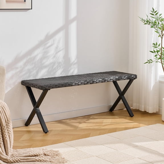 Rattan Outdoor Backless Bench for Garden, Metal Outdoor Bench Weatherproof with Cross Leg, Patio Benches for Outdoors, Benches Seat for Backyard, Porch, Plant Stand and Holder