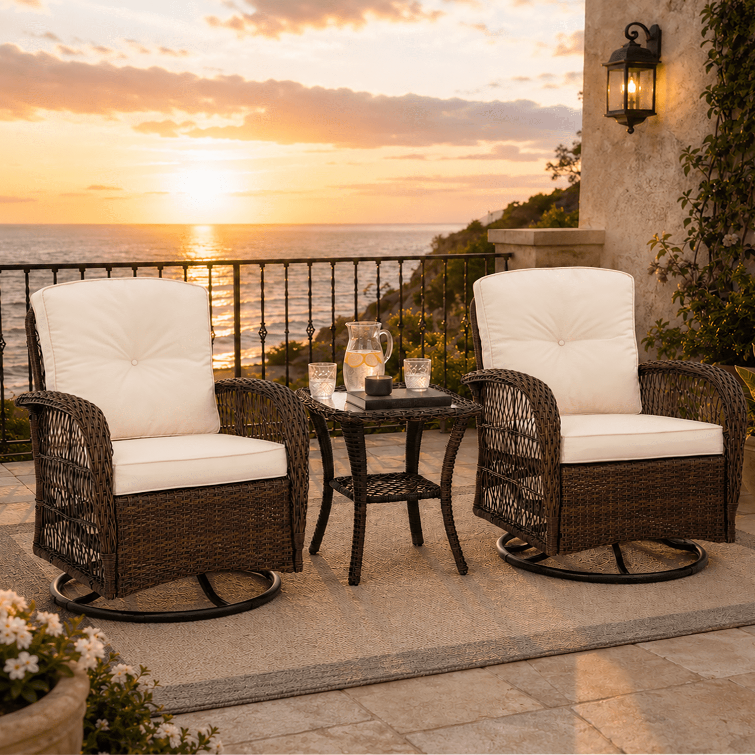 Rattan Outdoor Furniture, 3 Pieces Patio Furniture Set, Wicker Outdoor Swivel Glider Rocker w/Table, Balcony Porch Outdoor Rocking Bistro Set for 2, Beige Cushions