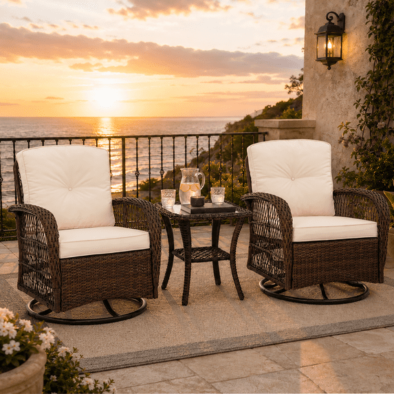 Rattan Outdoor Furniture, 3 Pieces Patio Furniture Set, Wicker Outdoor Swivel Glider Rocker w/Table, Balcony Porch Outdoor Rocking Bistro Set for 2, Beige Cushions
