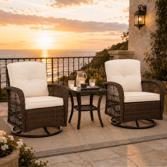 Rattan Outdoor Furniture, 3 Pieces Patio Furniture Set, Wicker Outdoor Swivel Glider Rocker w/Table, Balcony Porch Outdoor Rocking Bistro Set for 2, Beige Cushions