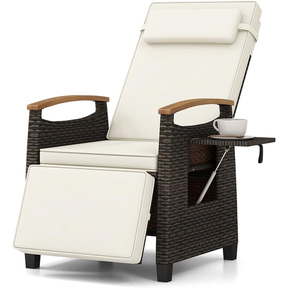 Rattan Outdoor Recliner Chair - Wicker Chaise Lounge Chair w/Adjustable Back & Footrest, Acacia Wood Armrests, Flip Side Table, Cushion, Reclining Patio Chair for Pool Yard (1, Off-White)