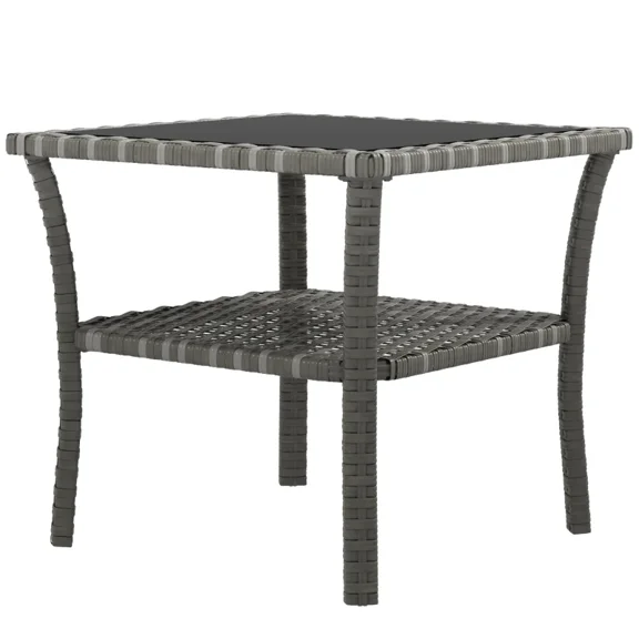 Rattan Outdoor Side Table with Storage Shelf, Square Patio Coffee Table, Tempered Glass Top, Aluminum Frame, Mixed Gray