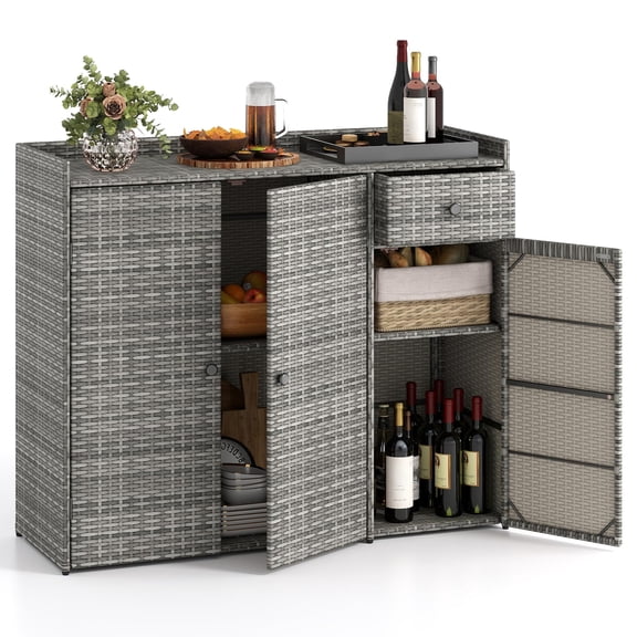 Rattan Outdoor Storage Cabinet, Patio Wicker Buffet Console Deck Table, Waterproof Backyard Garden Poolside Organizer, Sideboard Table With Drawer And Three Doors, Black Brown