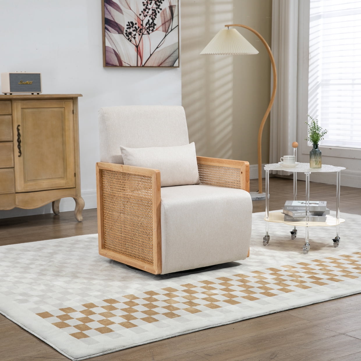 Padded Rattan Chair Rattan Patio Arm Chair with Pillow, Linen Upholstered Swivel Sofa Chair ...