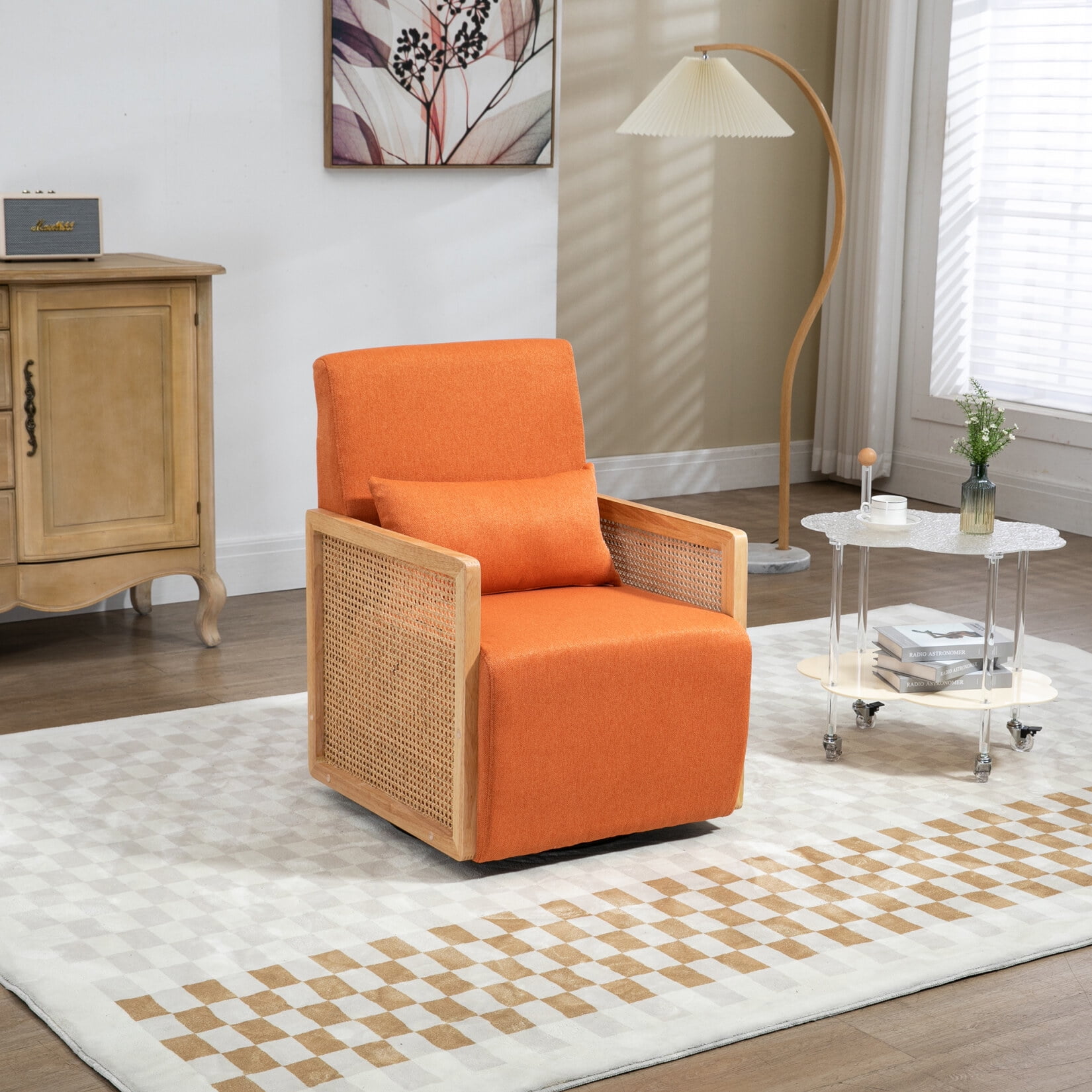 Rattan Patio Arm Chair with Pillow, Linen Upholstered Swivel Sofa Chair, Mid Century Modern ...