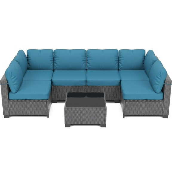 Rattan Patio Conversation Set with Waterproof Cushions & Leveler, 7 Piece Outdoor Patio Furniture Set with Glass Top Coffee Table, Outdoor Sectional Sofa for Backyard, Poolside, Gazebo, Easy Assembly