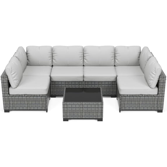 Rattan Patio Conversation Set with Waterproof Cushions & Leveler, 7 Piece Outdoor Patio Furniture Set with Glass Top Coffee Table, Outdoor Sectional Sofa for Backyard, Poolside, Gazebo, Easy Assembly