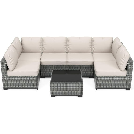 Rattan Patio Conversation Set with Waterproof Cushions & Leveler, 7 Piece Outdoor Patio Furniture Set with Glass Top Coffee Table, Outdoor Sectional Sofa for Backyard, Poolside, Gazebo, Easy Assembly
