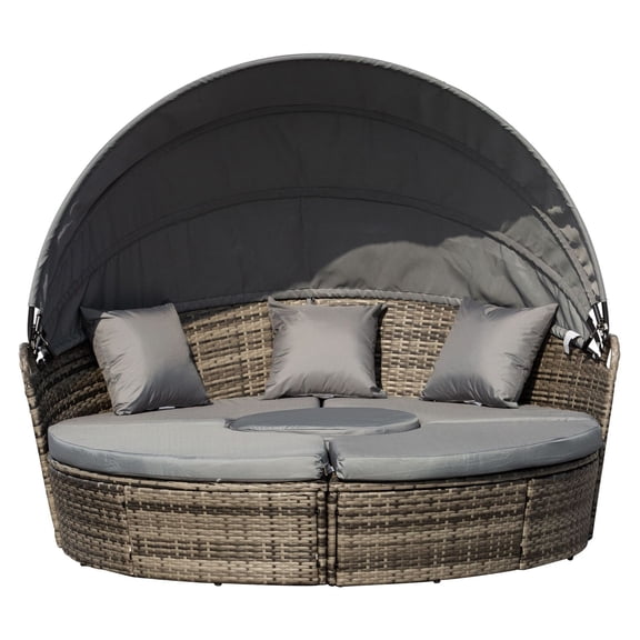 Rattan Patio Furniture Set, 4PC Outdoor Daybed with Canopy, Convertible Sofa Sectional, Wicker Chaise Lounge for Backyard, Porch, Patio - Dark Gray