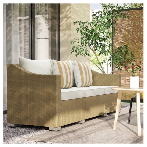 Rattan Patio Sofa 3 Seater Outdoor Couch with Cushions & Pillows, Cream White