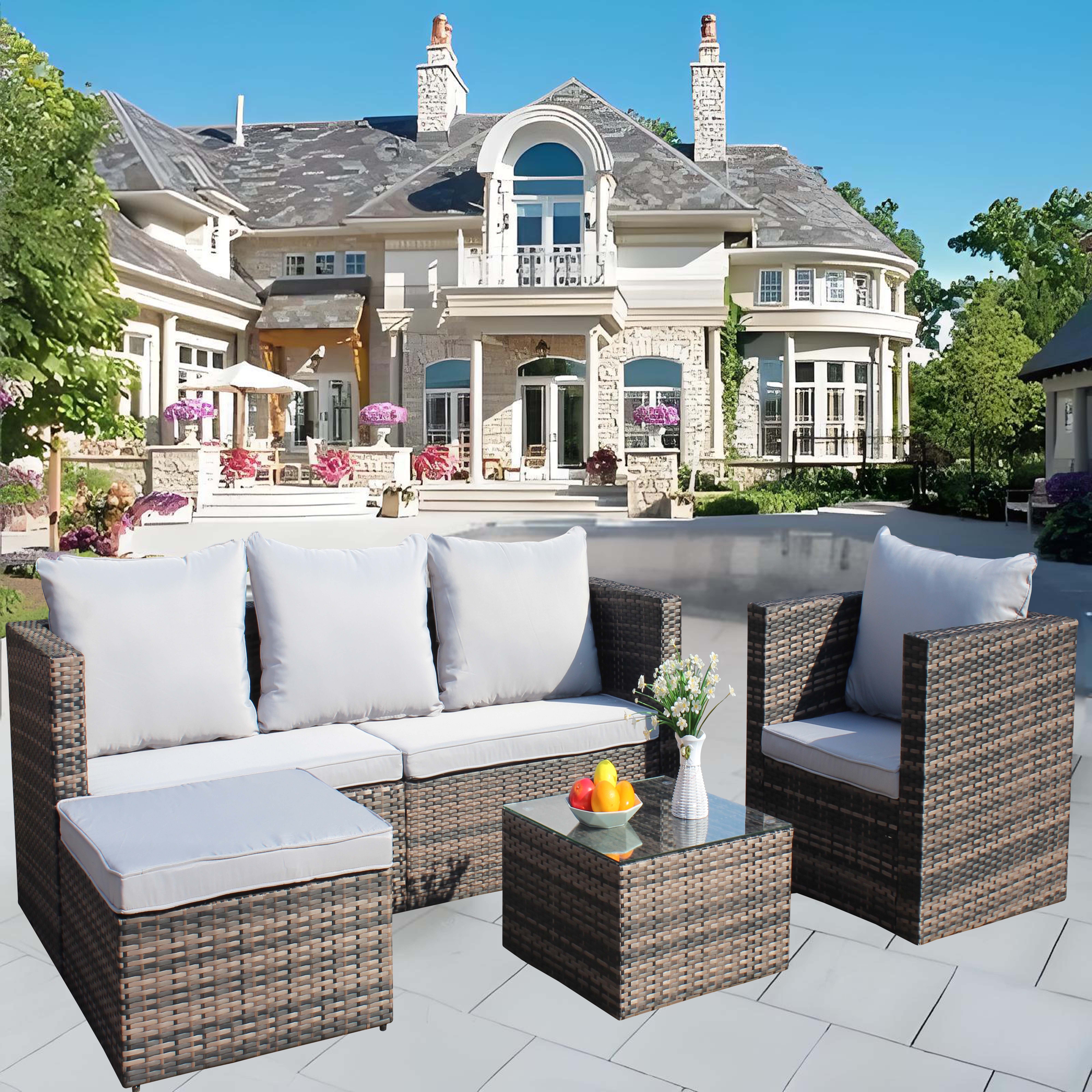 Rattan Patio Sofa Set, 4 Pieces Outdoor Sectional Furniture Set, All-Weather PE Rattan Wicker Patio Conversation Set, Cushioned Sofa Set with Glass Table for Patio Garden Poolside Deck