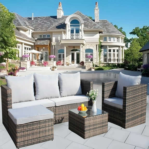Rattan Patio Sofa Set, 4 Pieces Outdoor Sectional Furniture Set, All-Weather PE Rattan Wicker Patio Conversation Set, Cushioned Sofa Set with Glass Table for Patio Garden Poolside Deck