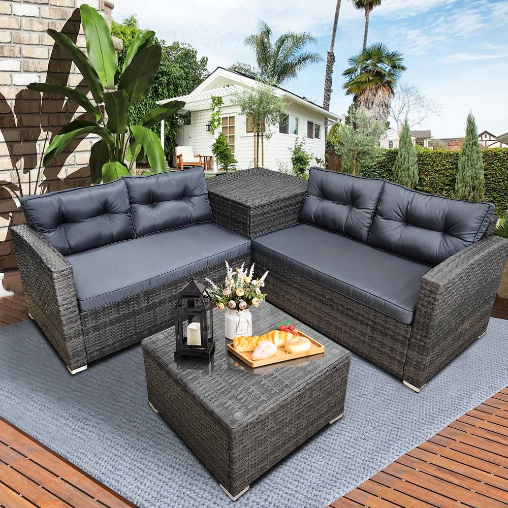 SEGAMART 4-Pcs Rattan Patio Sofa Set, All-Weather PE Wicker for
