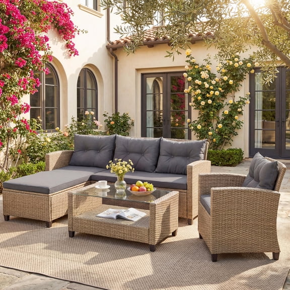 Rattan Patio Sofa Set, 4 Pieces Outdoor Sectional Furniture, All-Weather PE Rattan Wicker Patio Conversation, Cushioned Sofa Set with Glass Table for Patio Garden Poolside Deck
