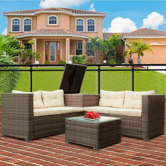 Rattan Patio Sofa Set, 4 Pieces Outdoor Sectional Furniture, All-Weather PE Rattan Wicker Patio Conversation, Cushioned Sofa Set with Glass Table & Storage Box for Patio Garden Poolside Deck